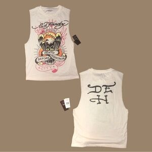 Ed Hardy White Sleeveless Top with Bold Graphics